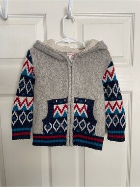 Cat & Jack 3T Hooded Knit Cardigan - Gray with Navy, Teal & Red Pattern